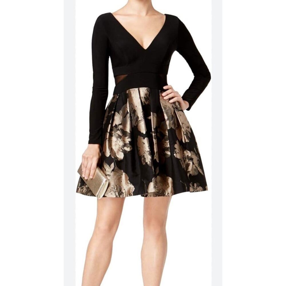 Xscape Black Long-Sleeve Fit-and-Flare Dress with Gold Floral Skirt